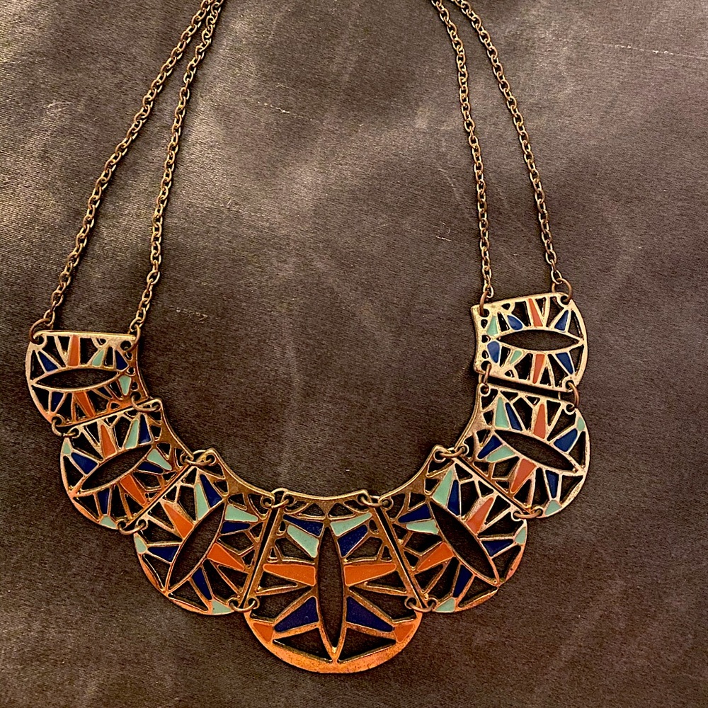 Art Deco Orange, Teal, and Gold Costume Necklace